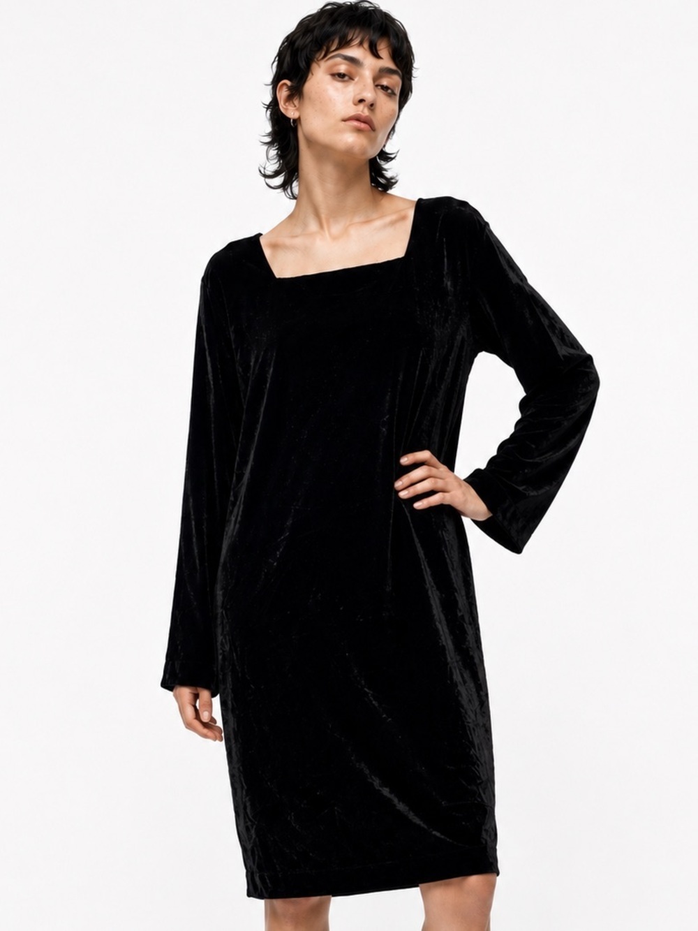 Vintage velvet Ann Taylor Dress- square neck, midi, black sack dress- 12